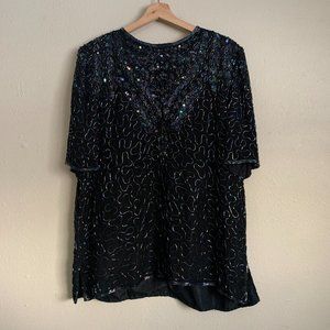 Vintage Landmark 2X Black Short Sleeve Bead Sequin Silk Blouse